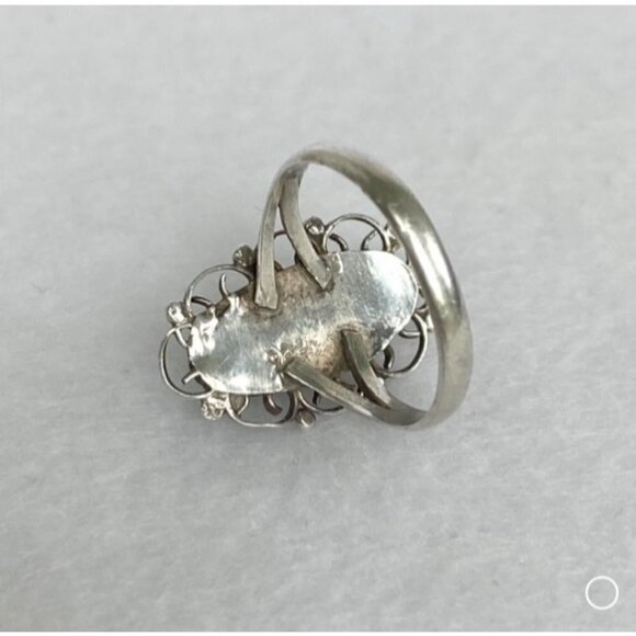 VTG Sterling Silver 925 Filigree Scrollwork Oval Bezel Set Green Onyx Ring 5.5 - Picture 8 of 16